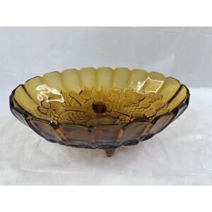Indiana Glass Harvest Grape Carnival Fruit Bowl Oval Amber Footed MCM Vintage